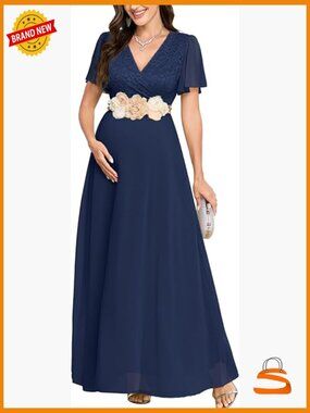 Wrap V-Neck Maternity Maxi Dress Flowy Ruffle Sleeve Chiffon Gown